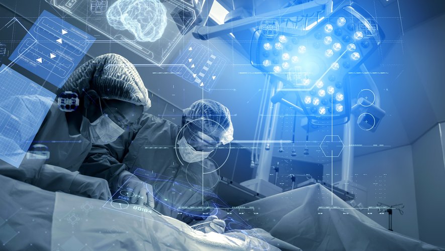 operating room doctor or surgeon anatomy on advanced robotic surgery machine futuristic virtual interface, robotic surgery are precision, miniaturisation future of tomorrow healthcare and wellness